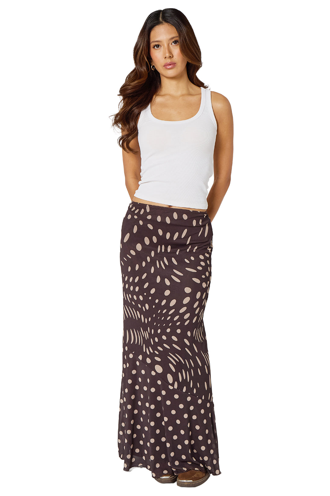 Brown Polka Dot Print Mermaid Maxi Skirt