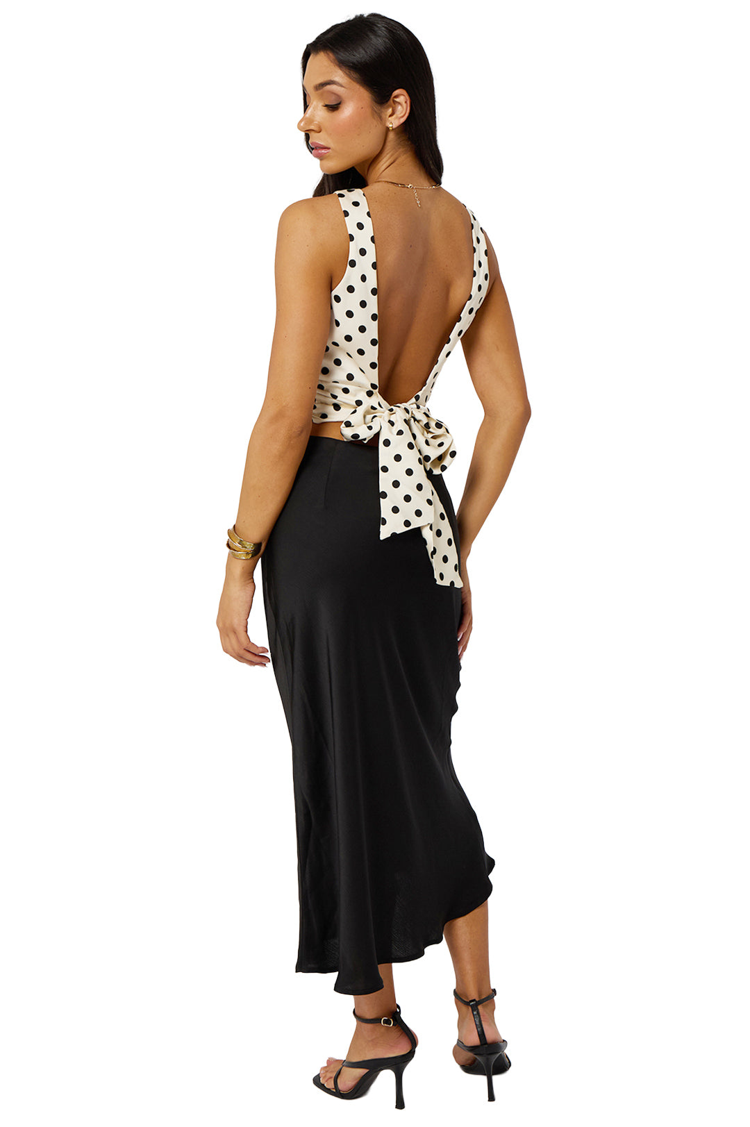 White Satin Polka Dot Open Back Top With Back Bow Detail