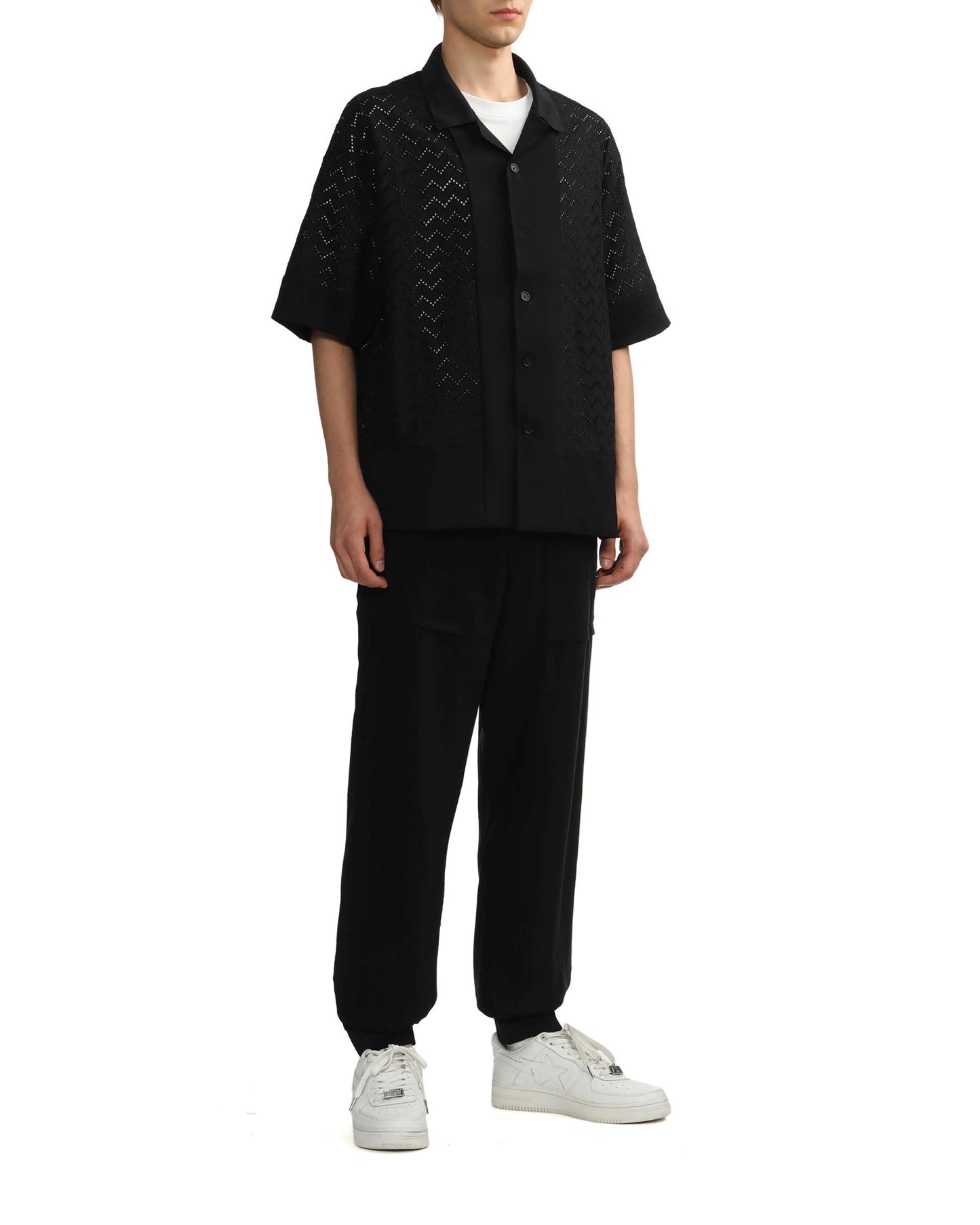 FIVE CM Men's Eyelet Poplin Patch Shirt in Black
