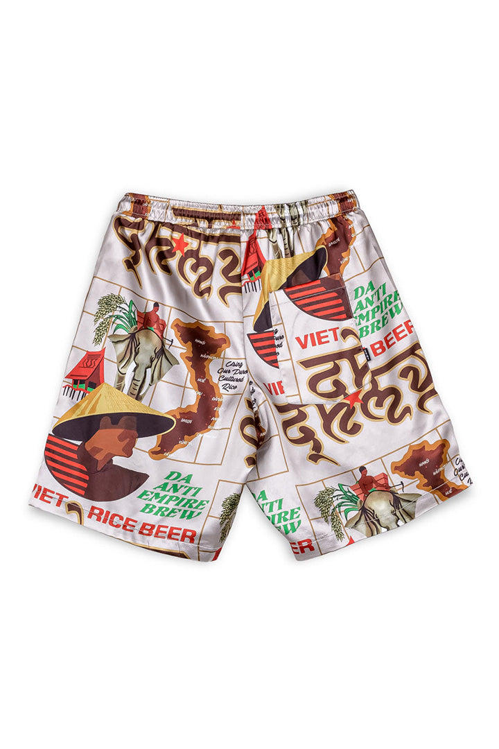 Men Viet Cong Beer Satin Short in White/Multicolor