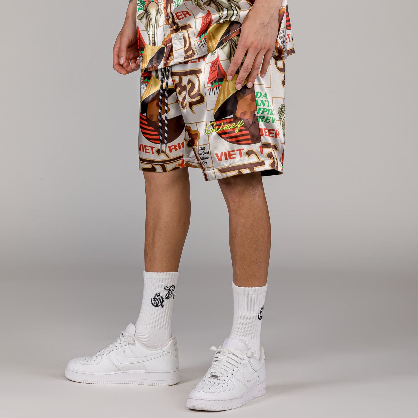Men Viet Cong Beer Satin Short in White/Multicolor