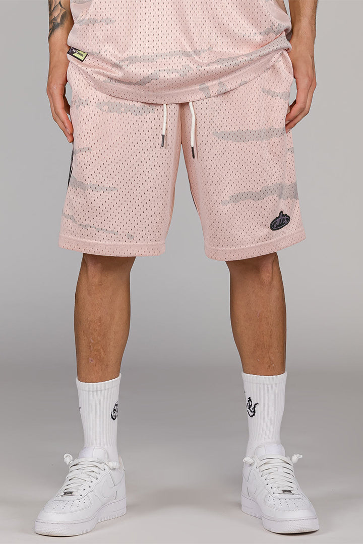 Men Cloven Tongues All Over Print Mesh Basket Shorts in Cream