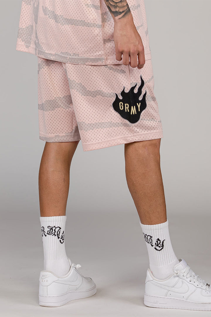 Men Cloven Tongues All Over Print Mesh Basket Shorts in Cream