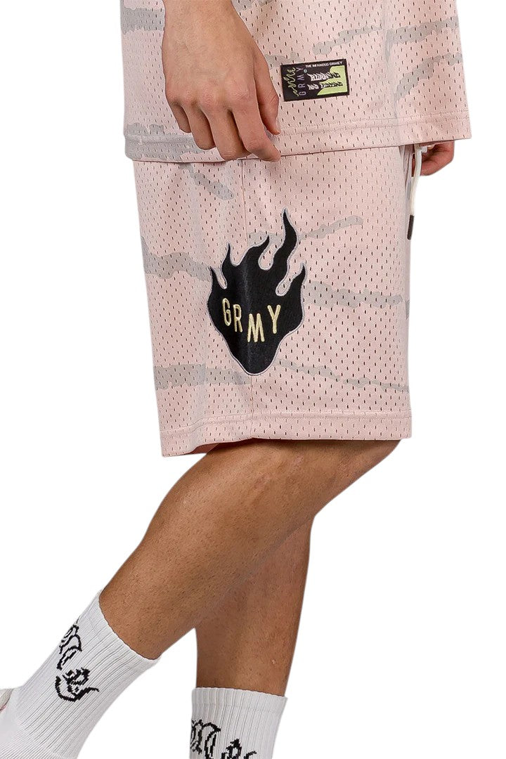 Men Cloven Tongues All Over Print Mesh Basket Shorts in Cream
