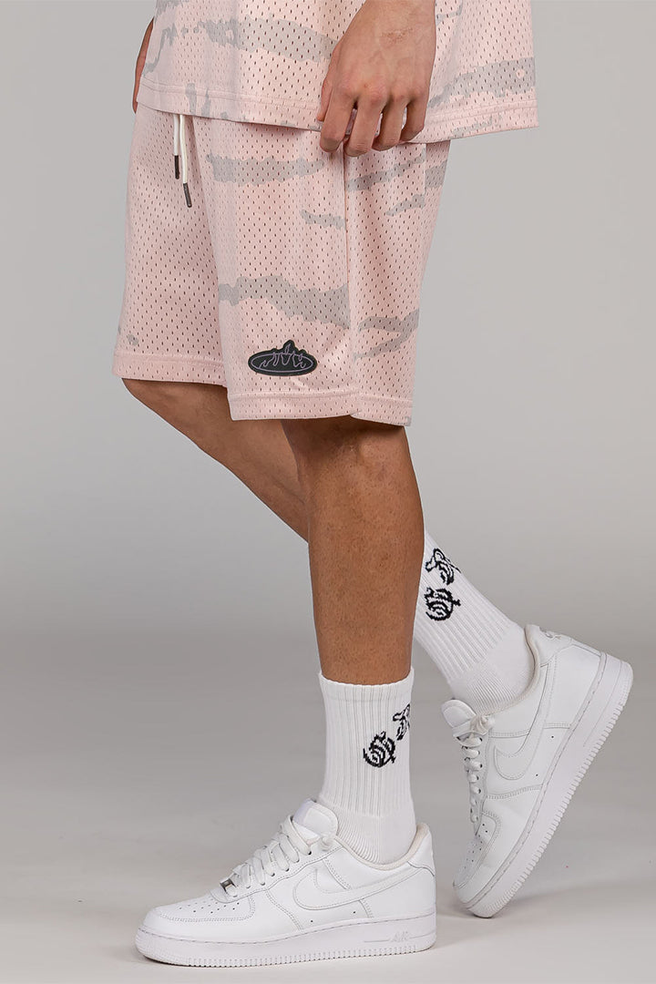Men Cloven Tongues All Over Print Mesh Basket Shorts in Cream