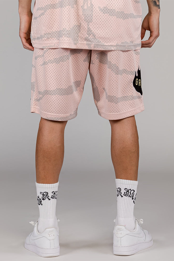 Men Cloven Tongues All Over Print Mesh Basket Shorts in Cream