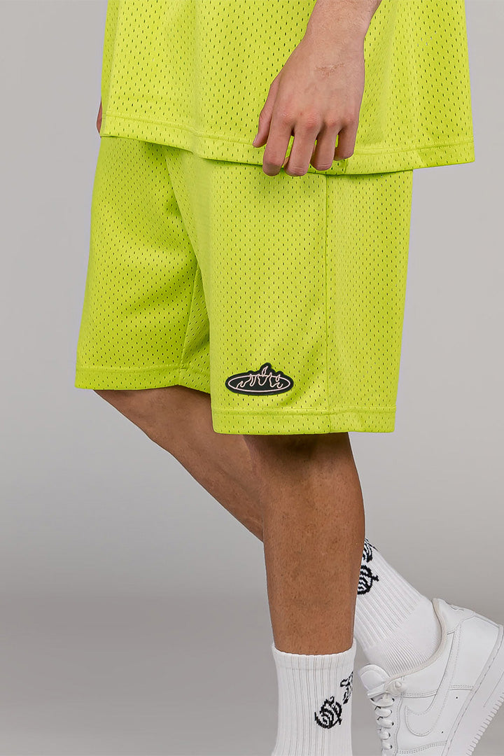 Men Cloven Tongues Mesh Basket Shorts in Lime Green