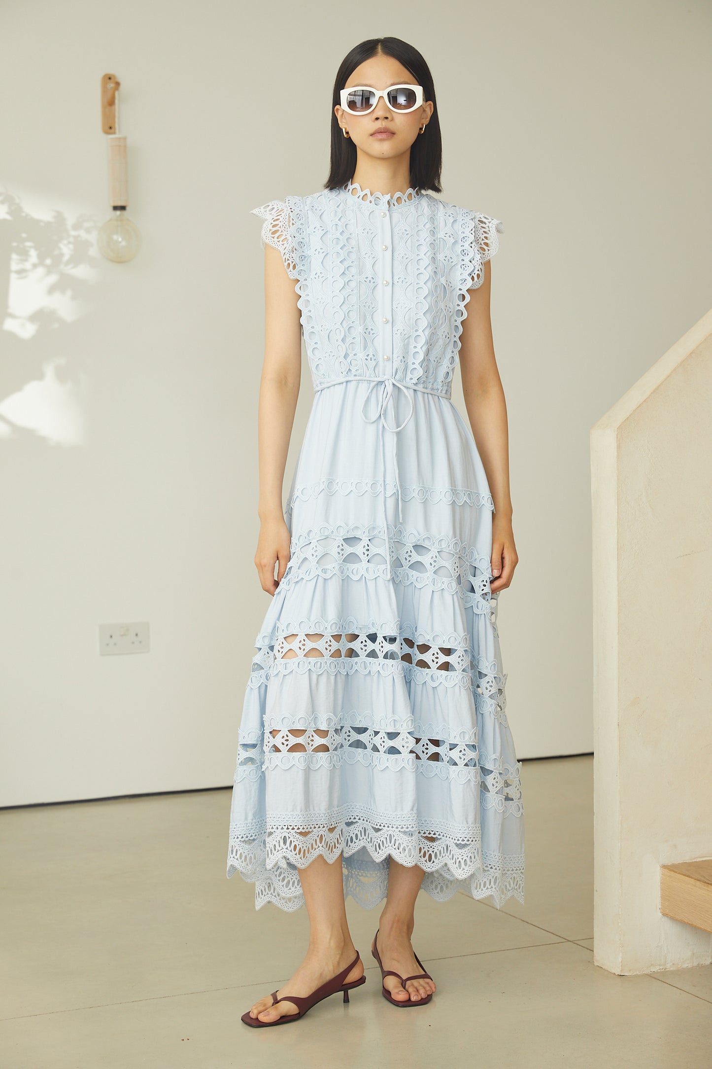 Irida Light Blue Cotton Lace Midi Dress With Scalloped Hem