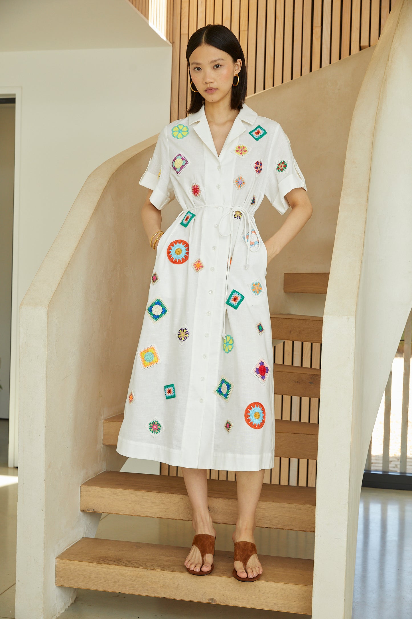 Mariska White Embroidered Cotton-Linen Midi Shirt Dress With Slip