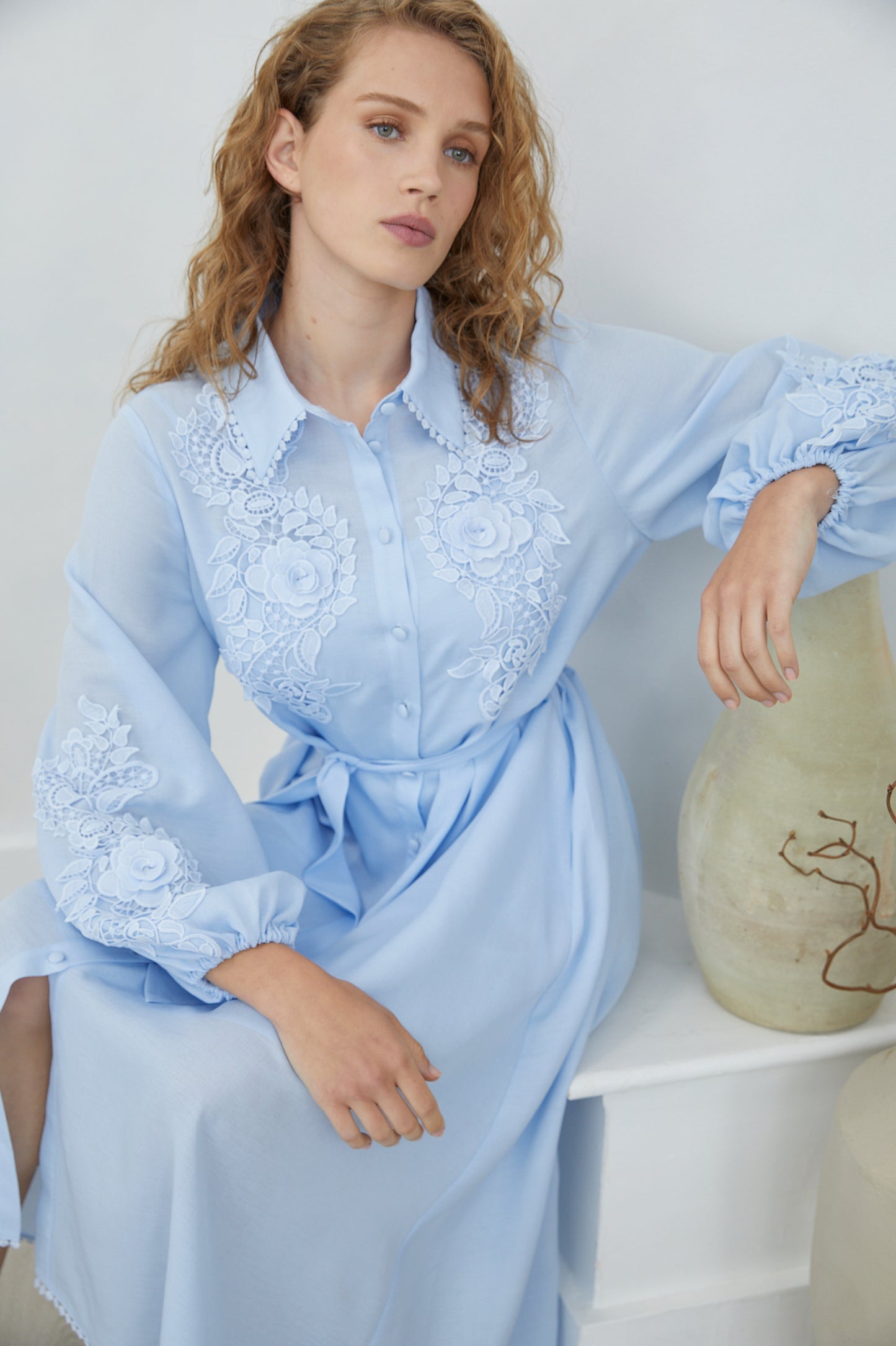 Mossy Light Blue Embroidered Midi Shirt Dress with Belt & Inner Slip