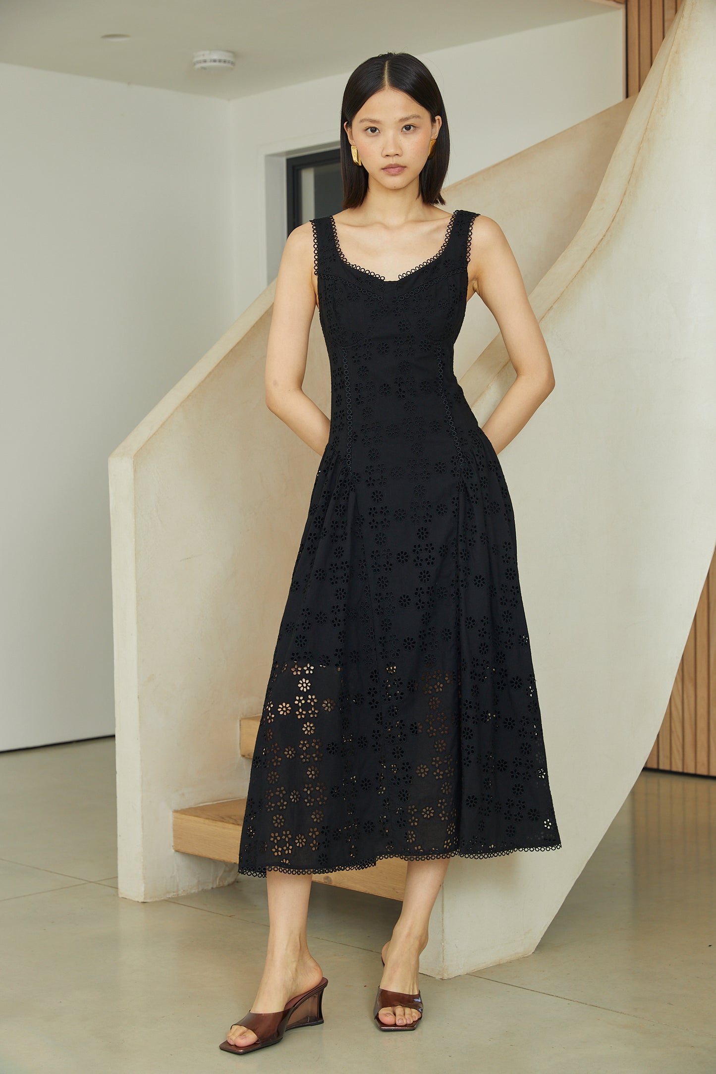 Nerida Black Cotton Eyelet Lace Sleeveless Fit & Flare Midi Dress