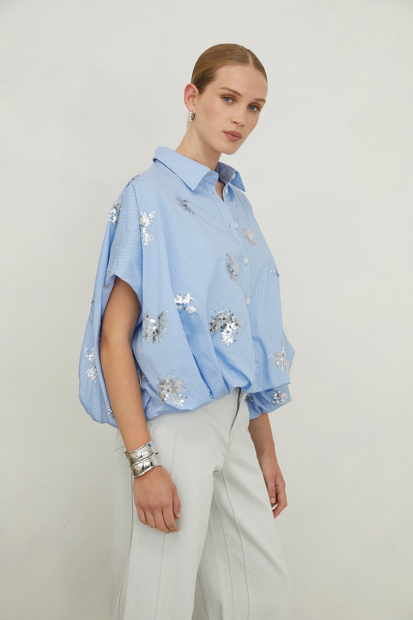 Olyra Light Blue Embellished Short Sleeve Shirt with Cotton Slip