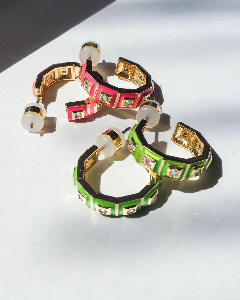 Mini Pyramid Stud Hoops- Hot Pink- Gold