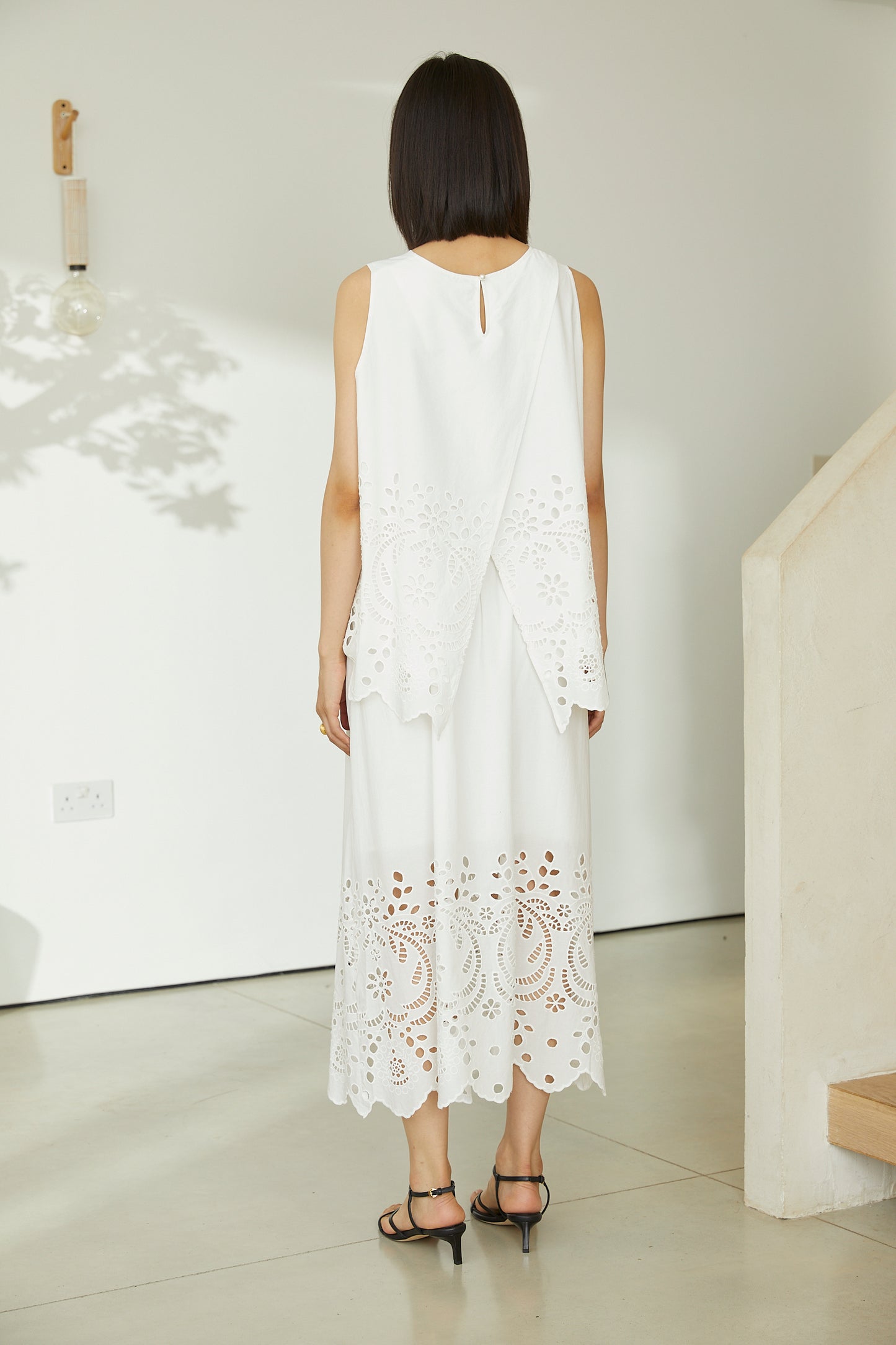 Sonia White Cotton Broderie Midi Skirt With Lace Trim