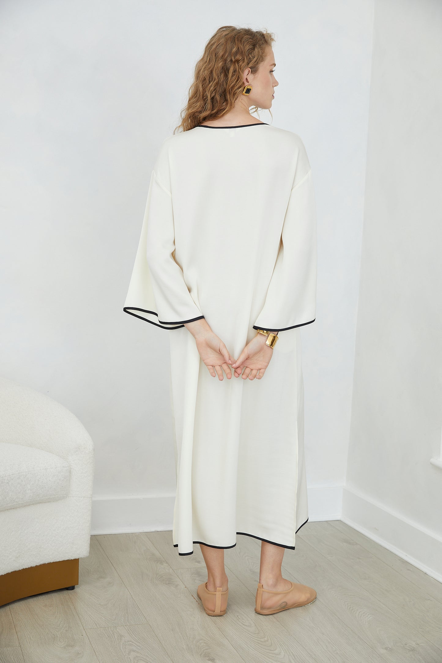 Ysabella Cream Long Sleeve Contrast Trim Midi Dress with Keyhole Neckline