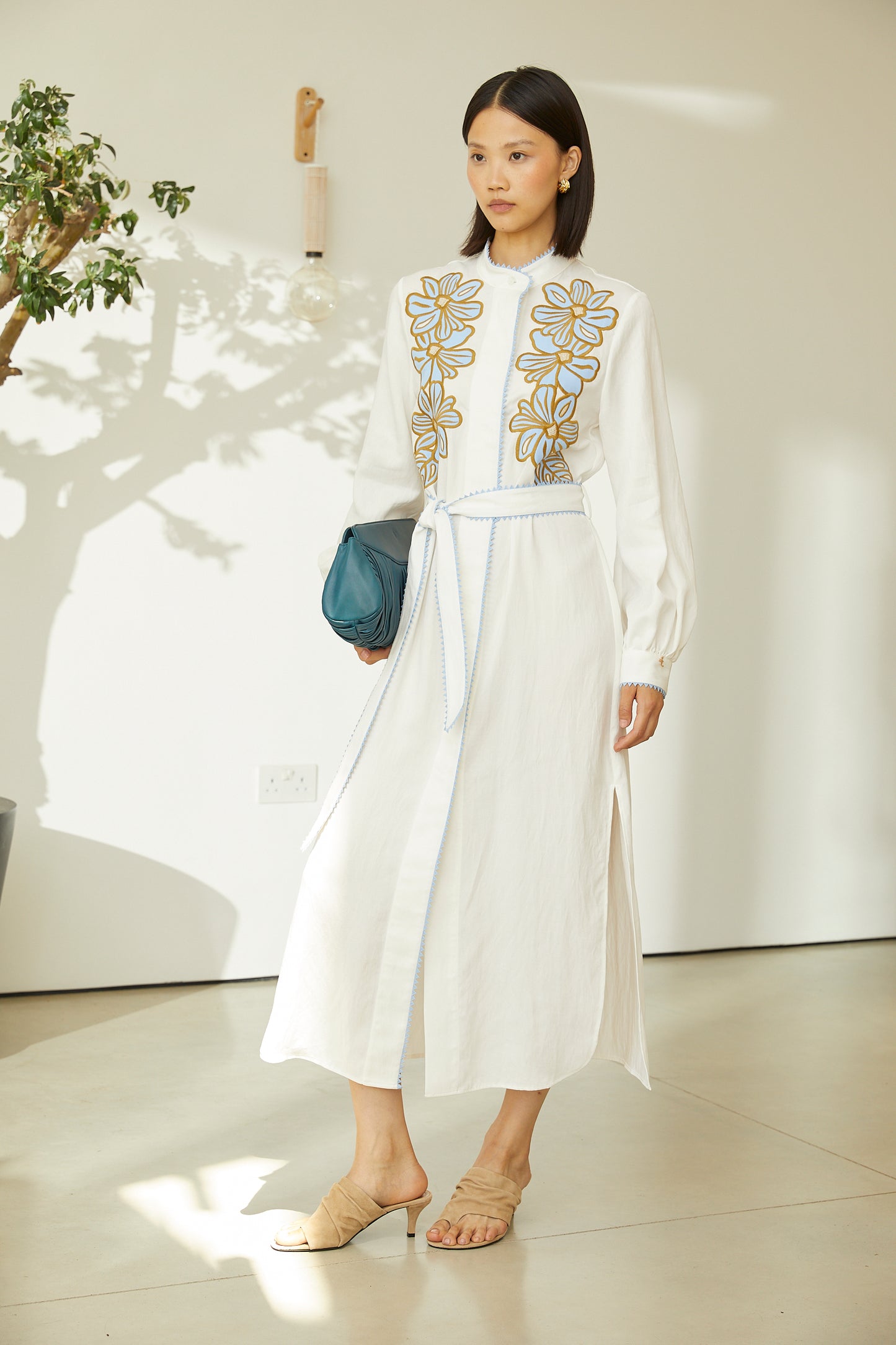 Zina Ivory Floral Embroidered Long Sleeve Belted Shirt Dress
