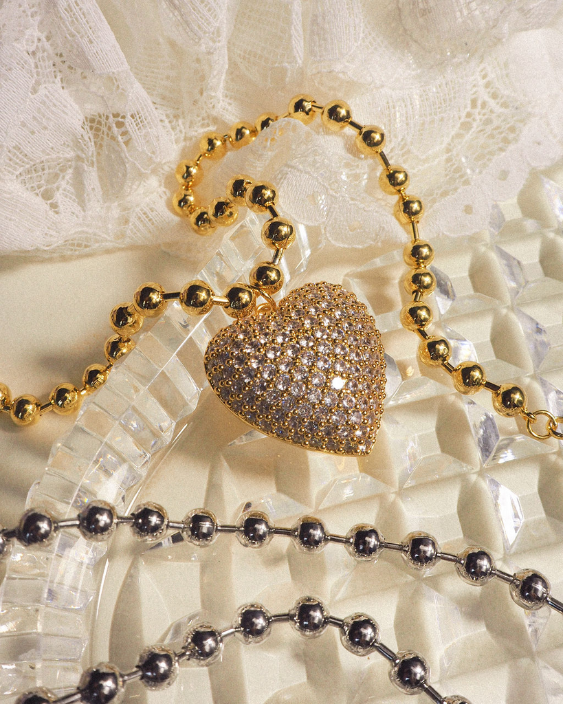 Puffy Heart Statement Necklace- Silver