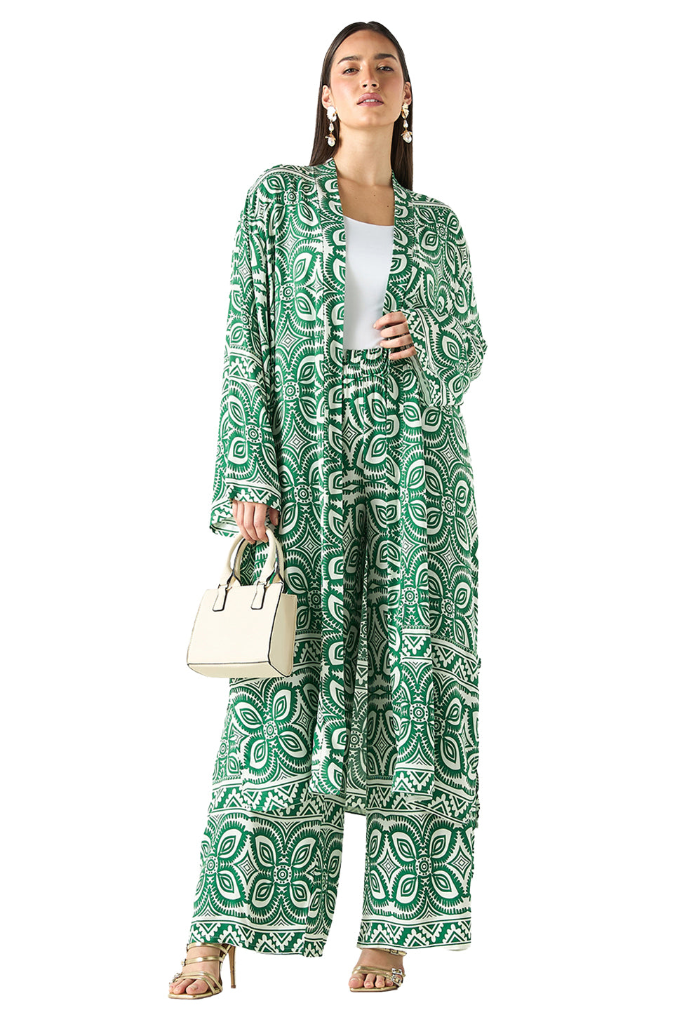 All-Over Print Longline Kimono and Wide Leg Pants Co ord Set