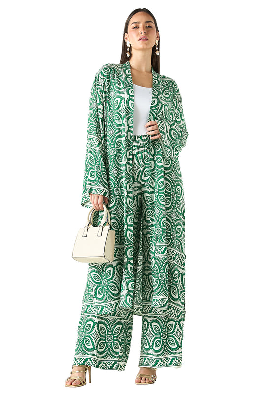 All-Over Print Longline Kimono and Wide Leg Pants Co ord Set