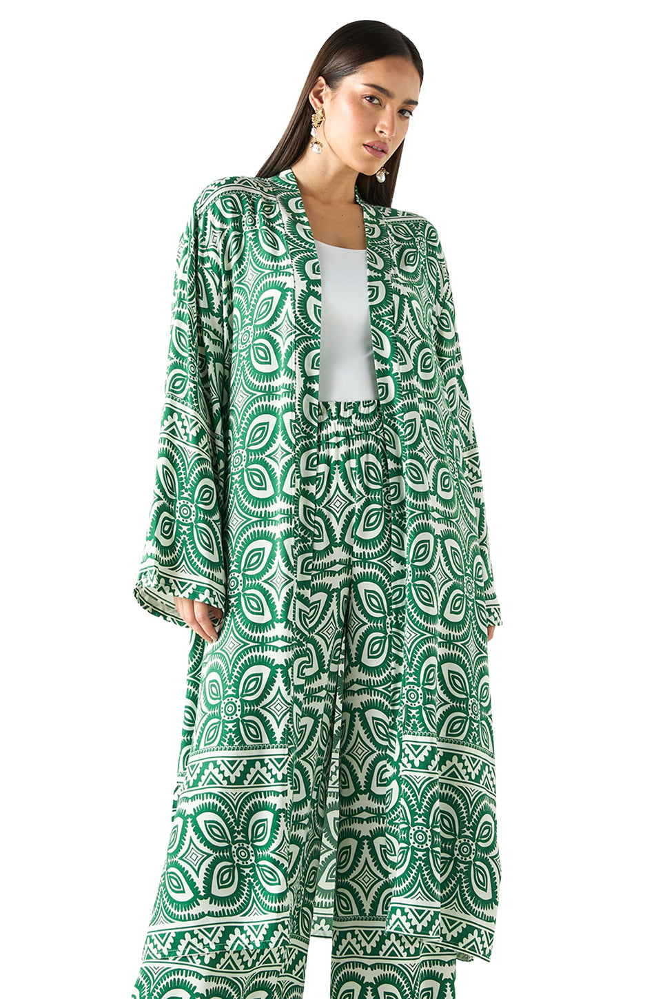 All-Over Print Longline Kimono and Wide Leg Pants Co ord Set