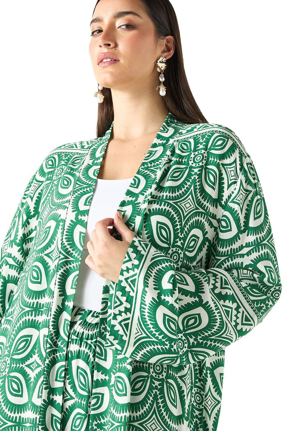 All-Over Print Longline Kimono and Wide Leg Pants Co ord Set