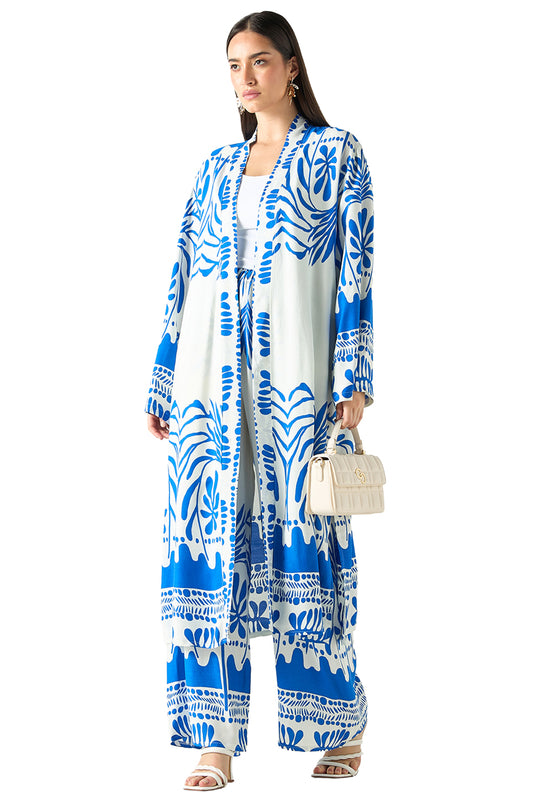 All-Over Print Longline Kimono and Wide Leg Pants Co ord Set