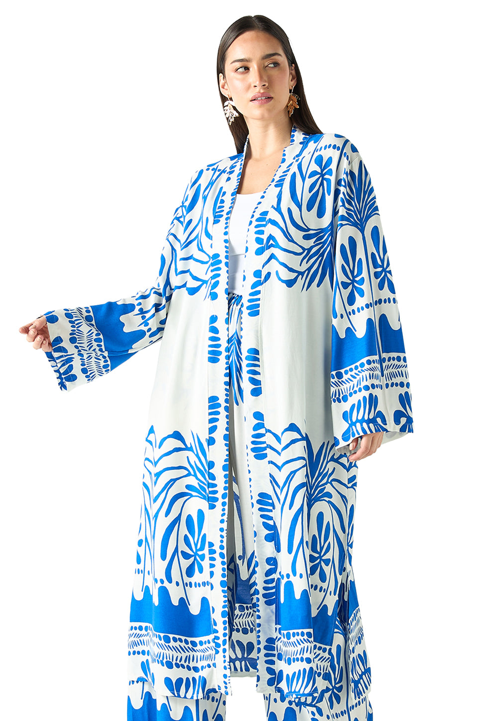 All-Over Print Longline Kimono and Wide Leg Pants Co ord Set