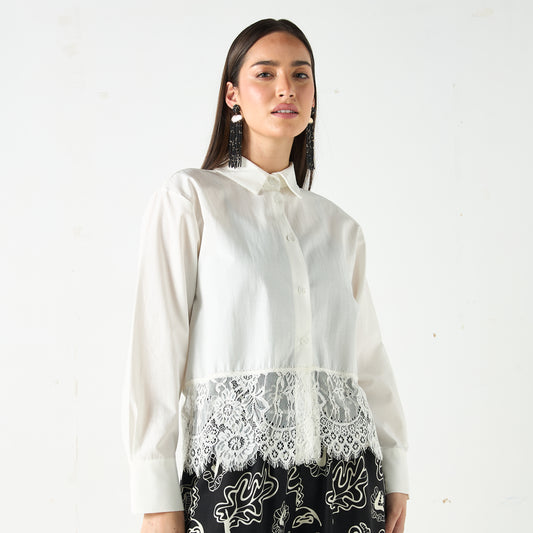 Sinoir Solid Shirt with Lace hem White