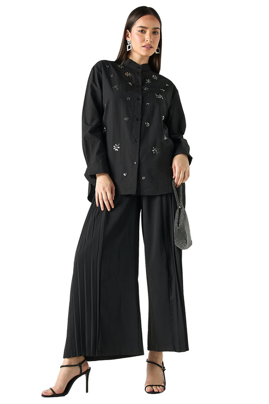 Embellished Mandarin Collar Shirt with Long Sleeves