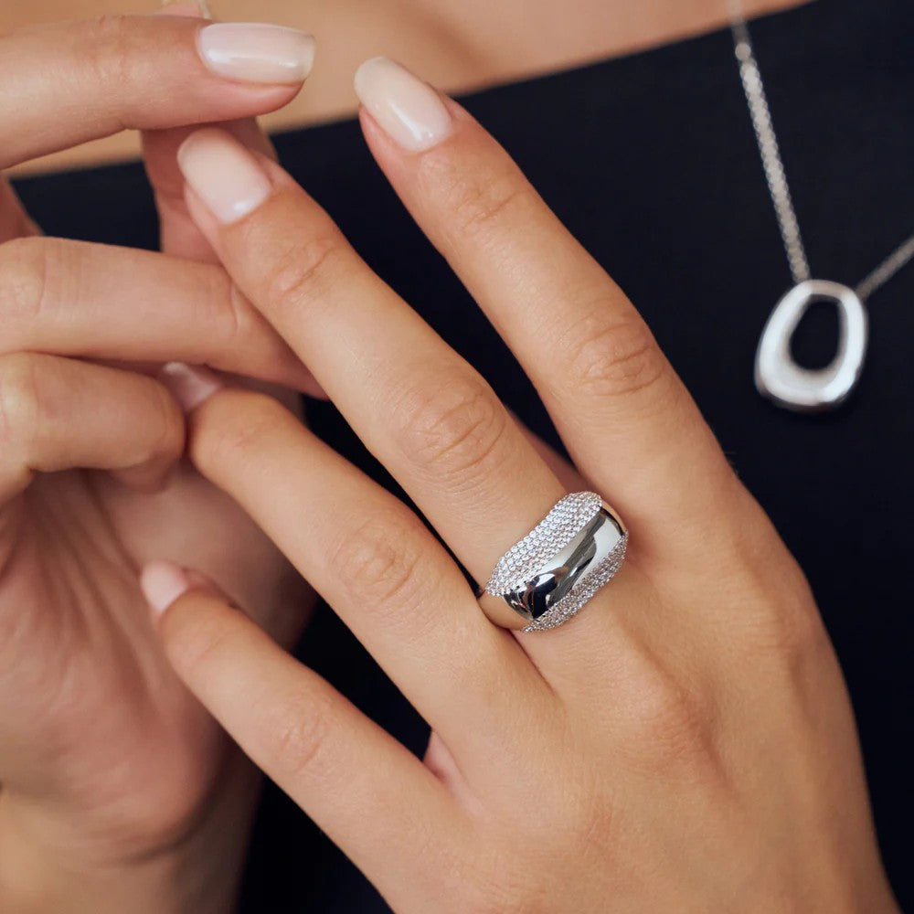 BORSA Rhodium Plated Sterling Silver RING with White zirconia