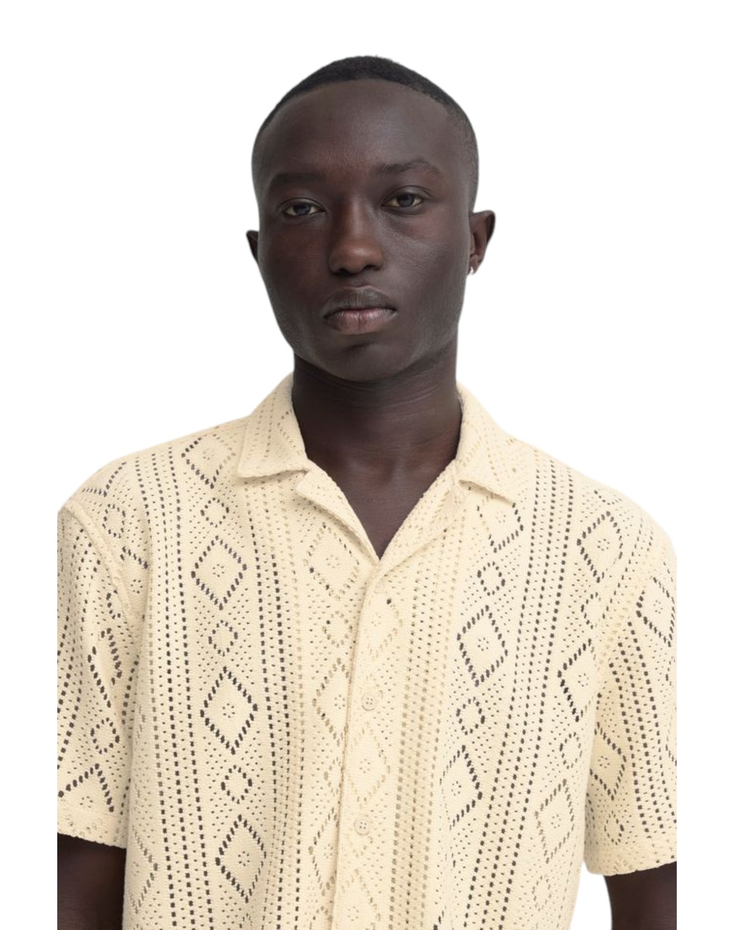 Blend Cotton Crochet Short Sleeve Shirt Off White