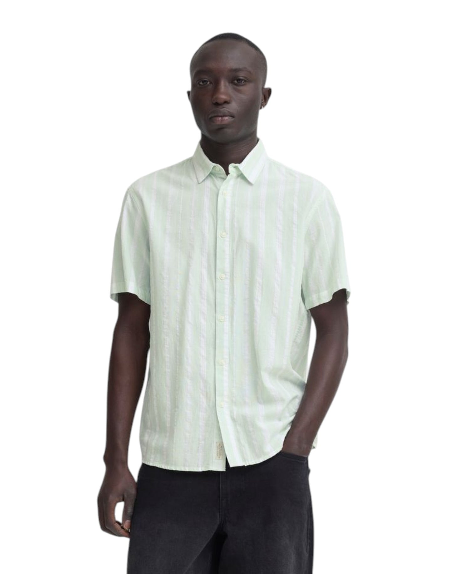Blend Cotton Short Sleeve Striped Shirt Mint Green