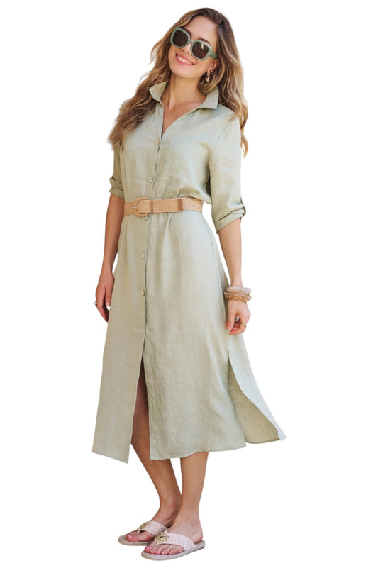 EsQualo Dress Long Belt Linen Soft Green