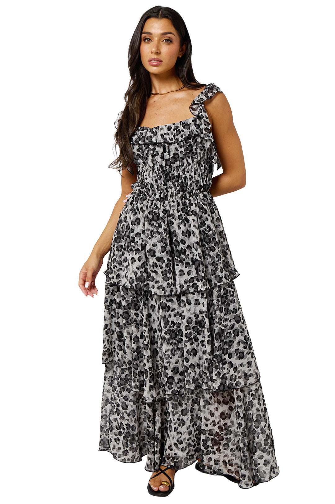Grey Leopard Printed Tiered Ruffled Maxi Dress