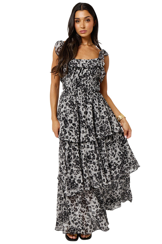 Grey Leopard Printed Tiered Ruffled Maxi Dress