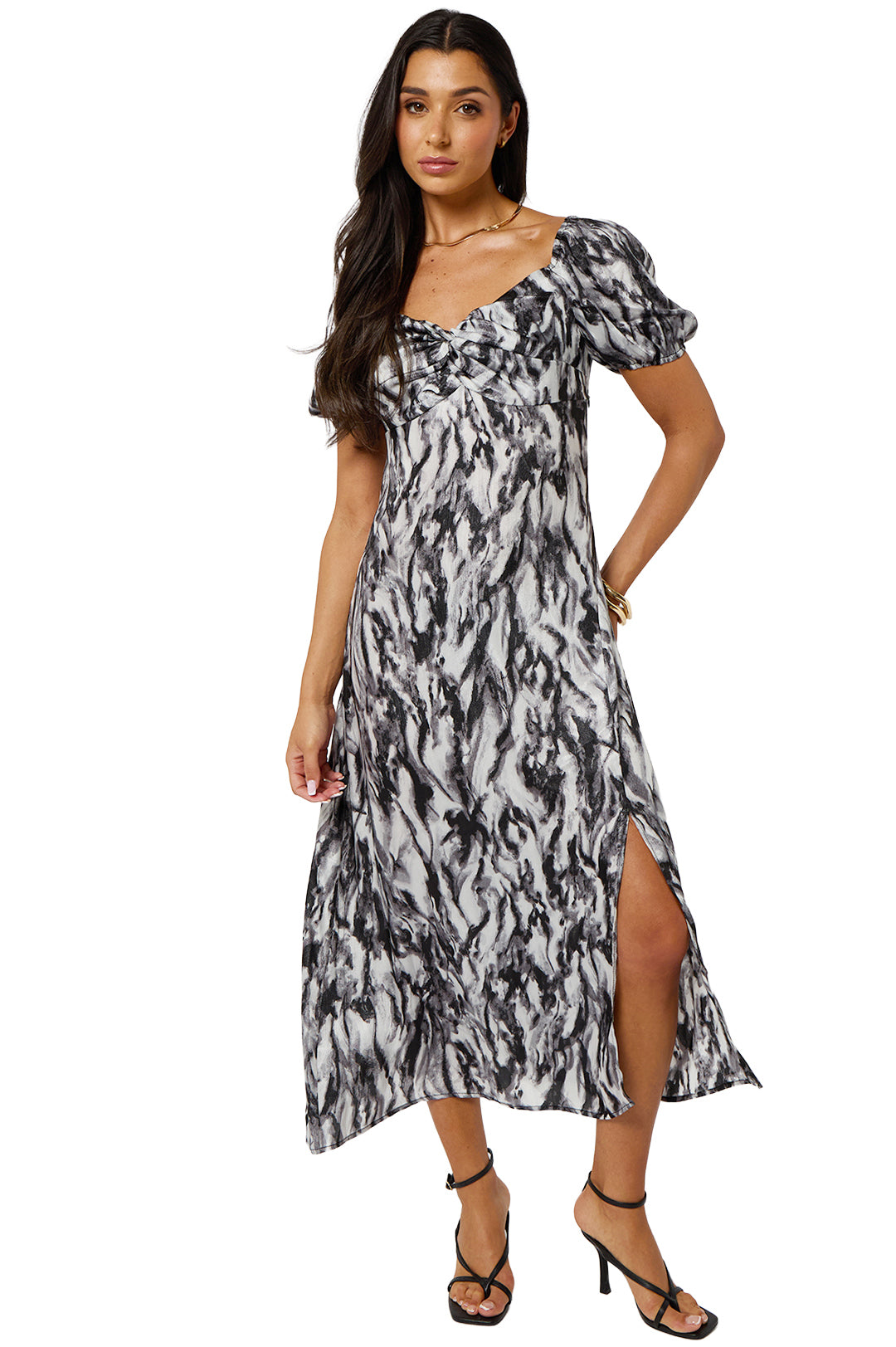 Grey Printed Sweetheart Neck Puff Sleeve Midaxi Dress With Slit