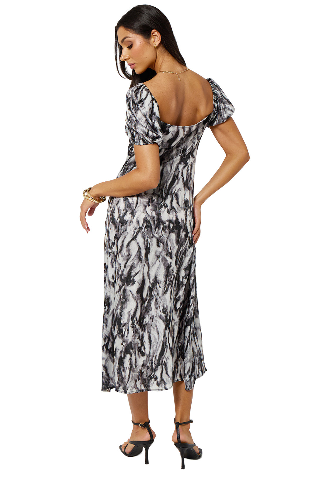 Grey Printed Sweetheart Neck Puff Sleeve Midaxi Dress With Slit