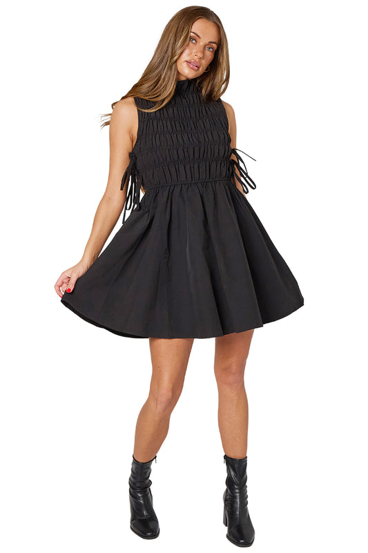 Black Fit & Flare Smocked Mini Dress