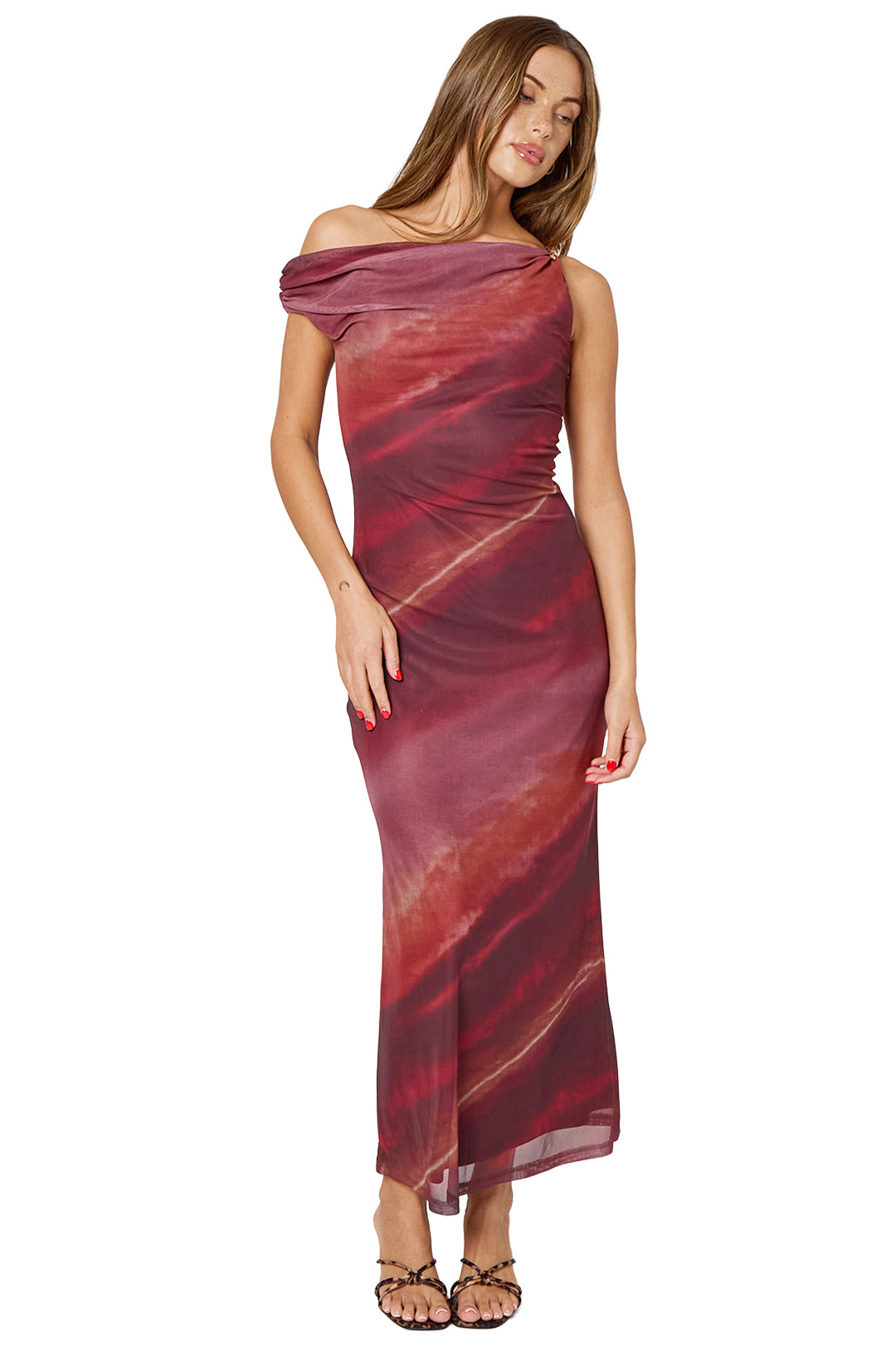 Burgundy Off The Shoulder Tie Dye Mesh Maxi Dress
