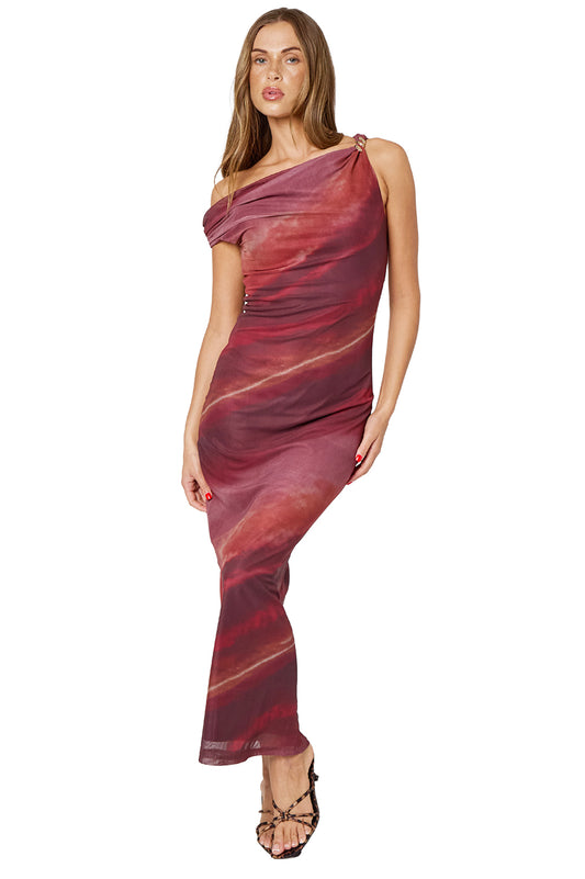 Burgundy Off The Shoulder Tie Dye Mesh Maxi Dress