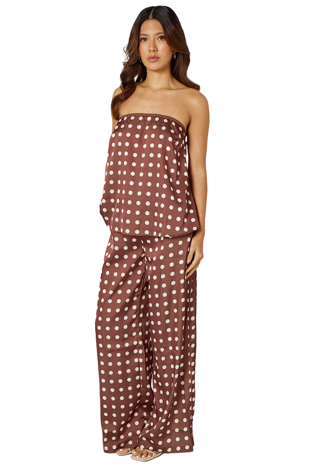 Brown Polka dot Print Strapless Top with Back Bow