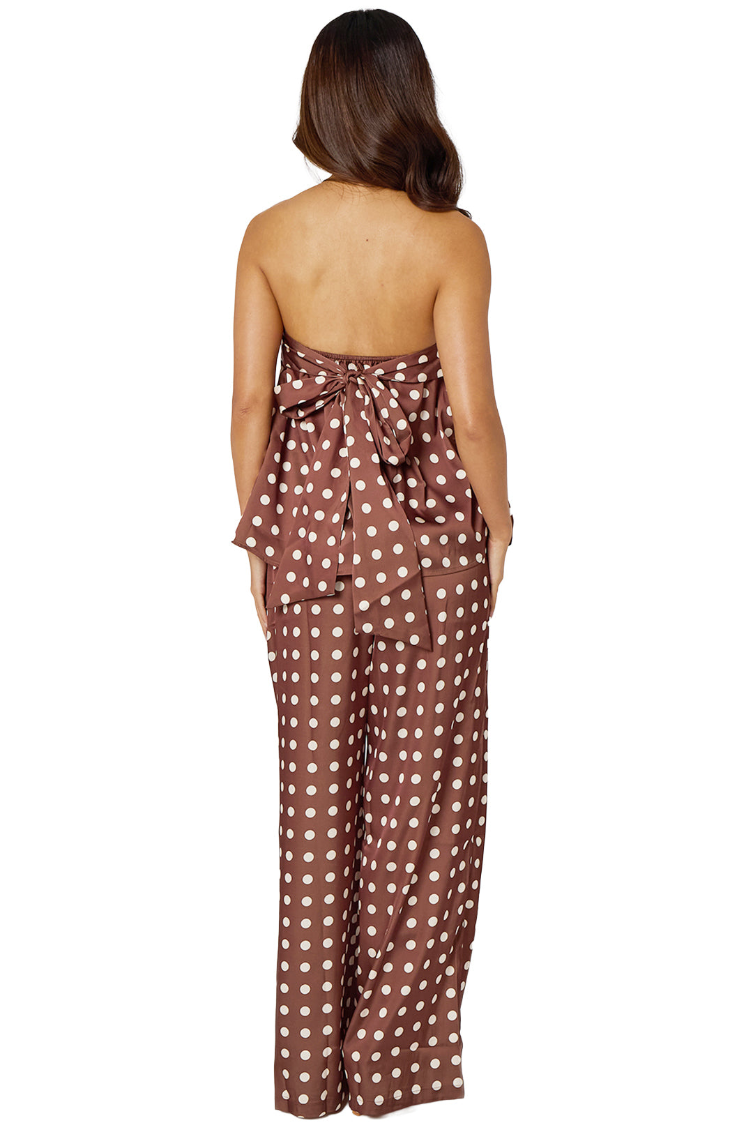 Brown Polka dot Print Strapless Top with Back Bow