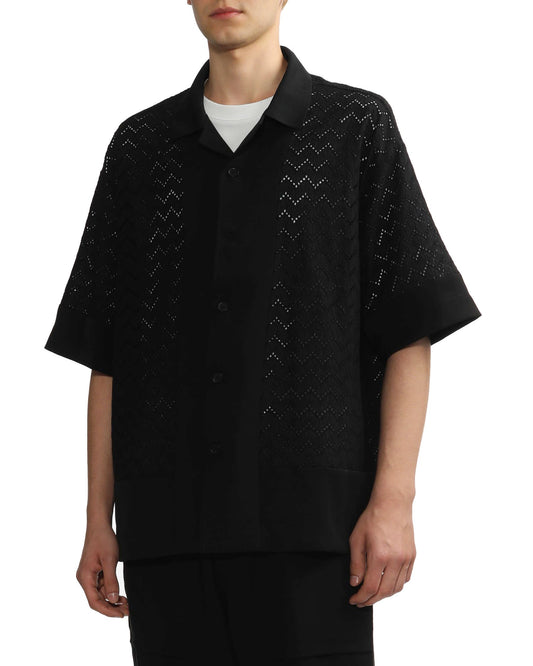 FIVE CM Men's Eyelet Poplin Patch Shirt in Black