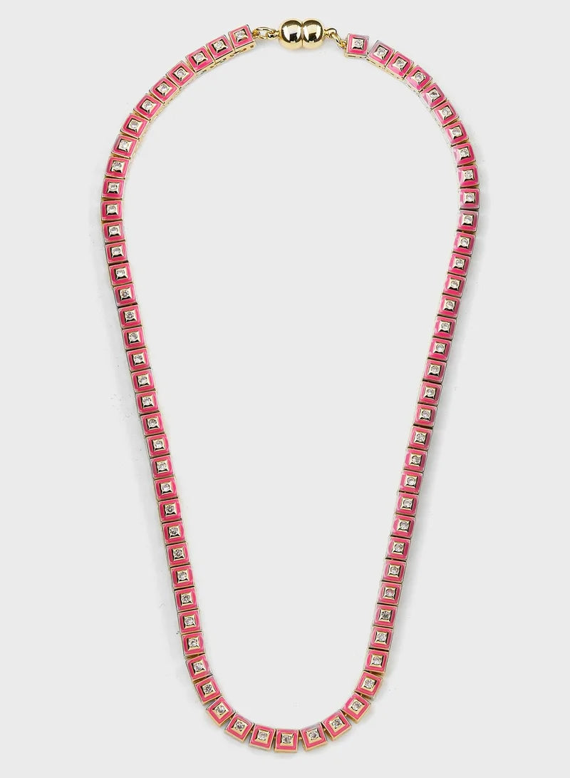 Pyramid Stud Tennis Necklace- Hot Pink- Gold