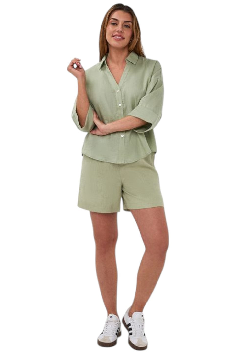 EsQualo BLOUSE TURN UP LINEN Soft Green