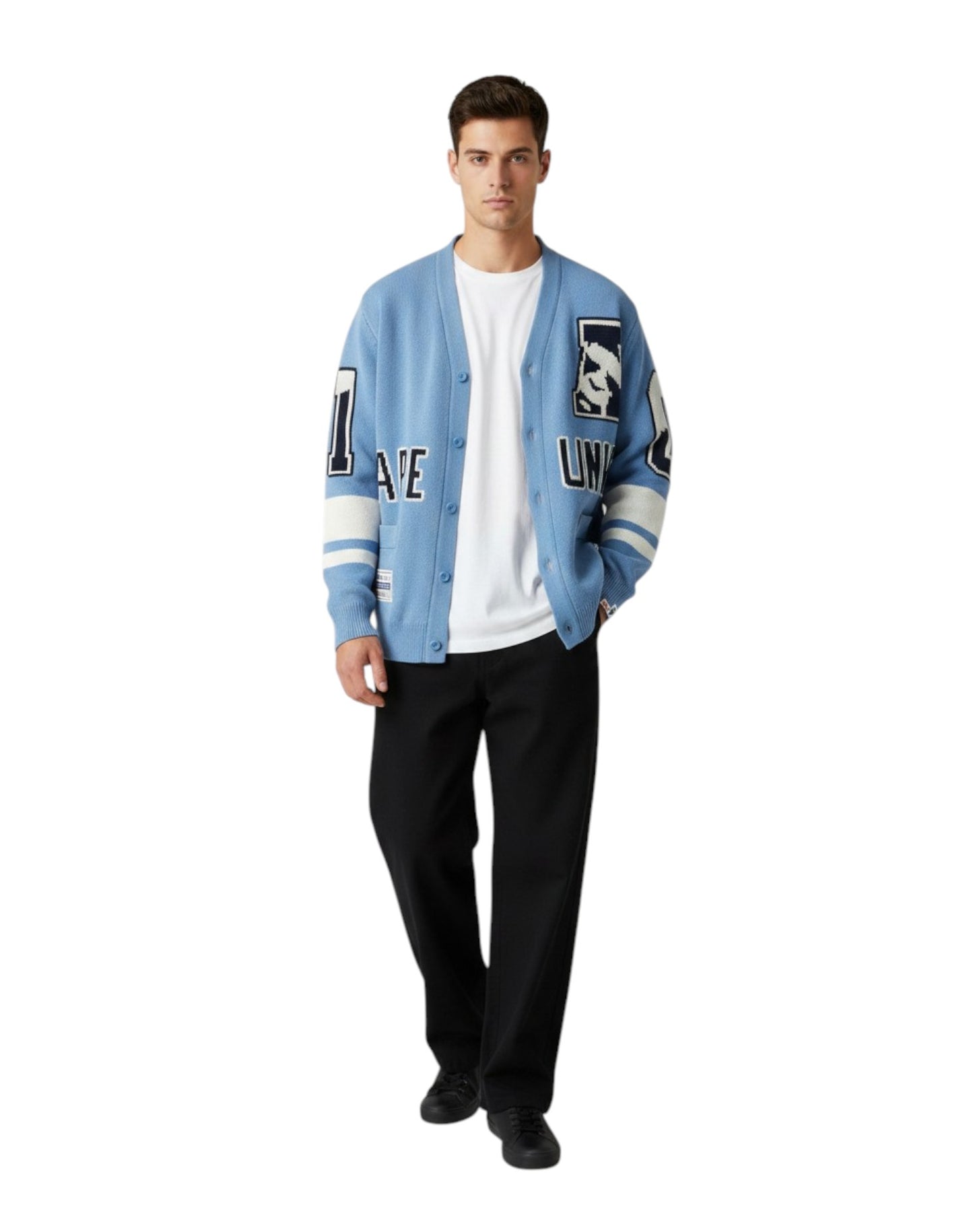 Men Moonface Jacquard Knit Cardigan in Blue