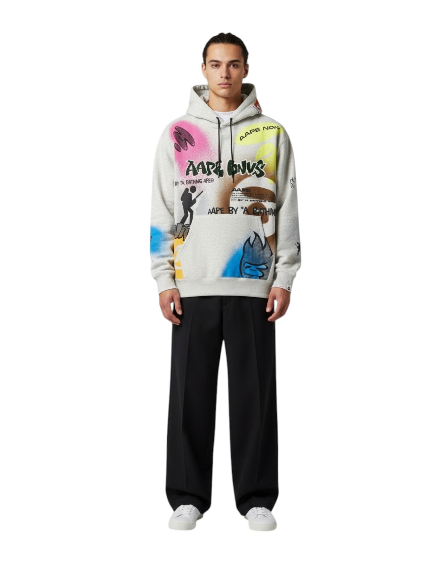 Men Moonface Paint Graffiti Hoodie in Light Grey