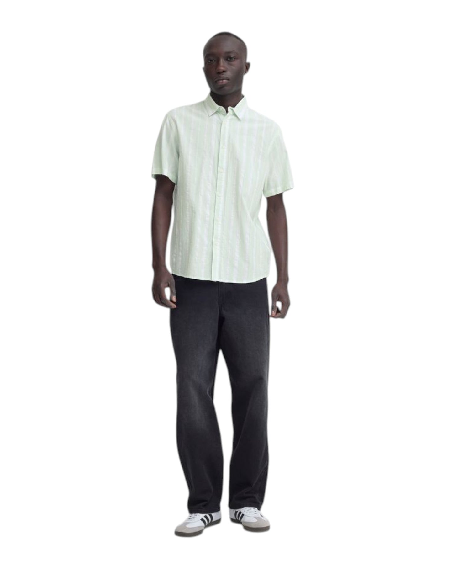 Blend Cotton Short Sleeve Striped Shirt Mint Green