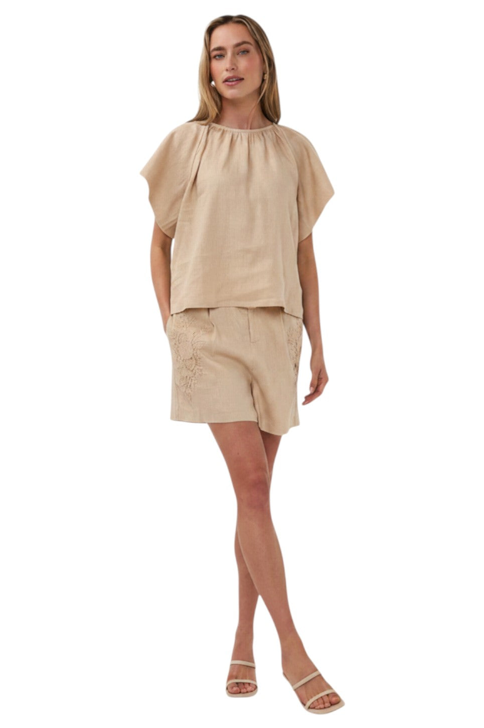 EsQualo Blouse Back Detail Linen Sand