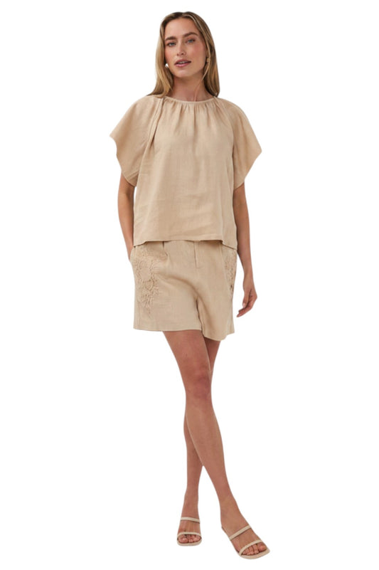 EsQualo Blouse Back Detail Linen Sand